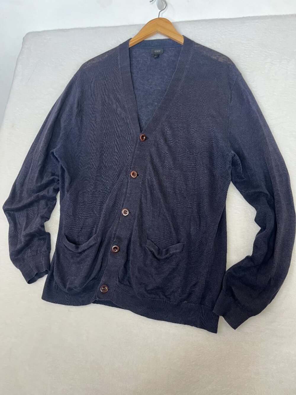 J.CREW 100% European Linen Navy Blue Cardigan Preppy Lightweight sz L Office